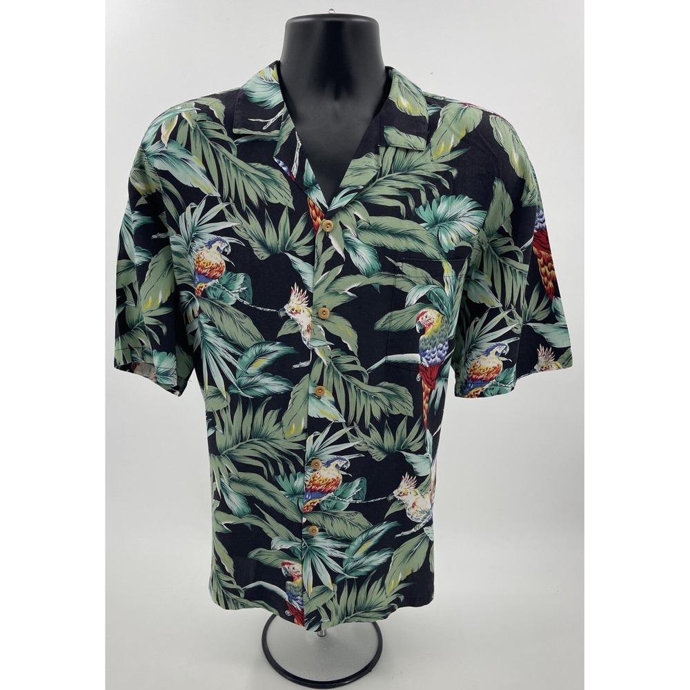 Paradise Found Hawaiian Shirt Men's XL‎ Green Black Parrots Rayon Vintage Magnum